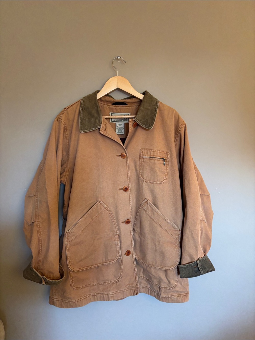 LL Bean Tan Barn Chore Coat Jacket with Dark Olive Collar